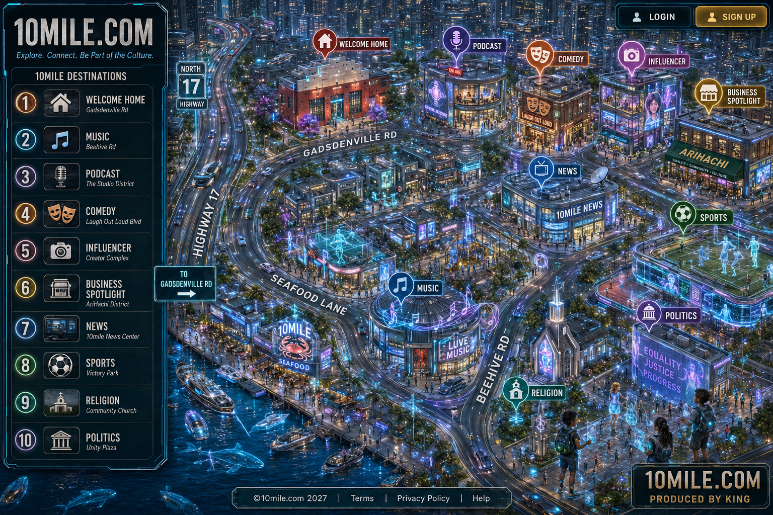 Interactive map of 10mile.com with numbered destinations: Welcome Home, Music, Podcast, Comedy, Influencer, Business Spotlight, News, Sports, Religion, and Politics